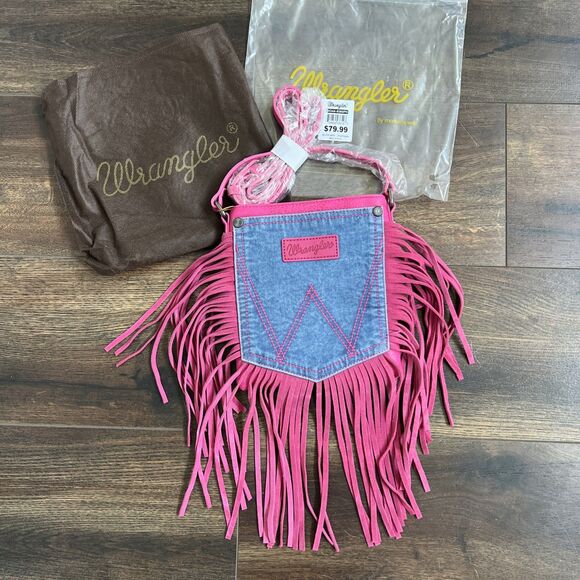 Wrangler Purse Leather Fringe Denim Hot Pink Crossbody Bag WG44-8360HPK Western - Picture 2 of 9